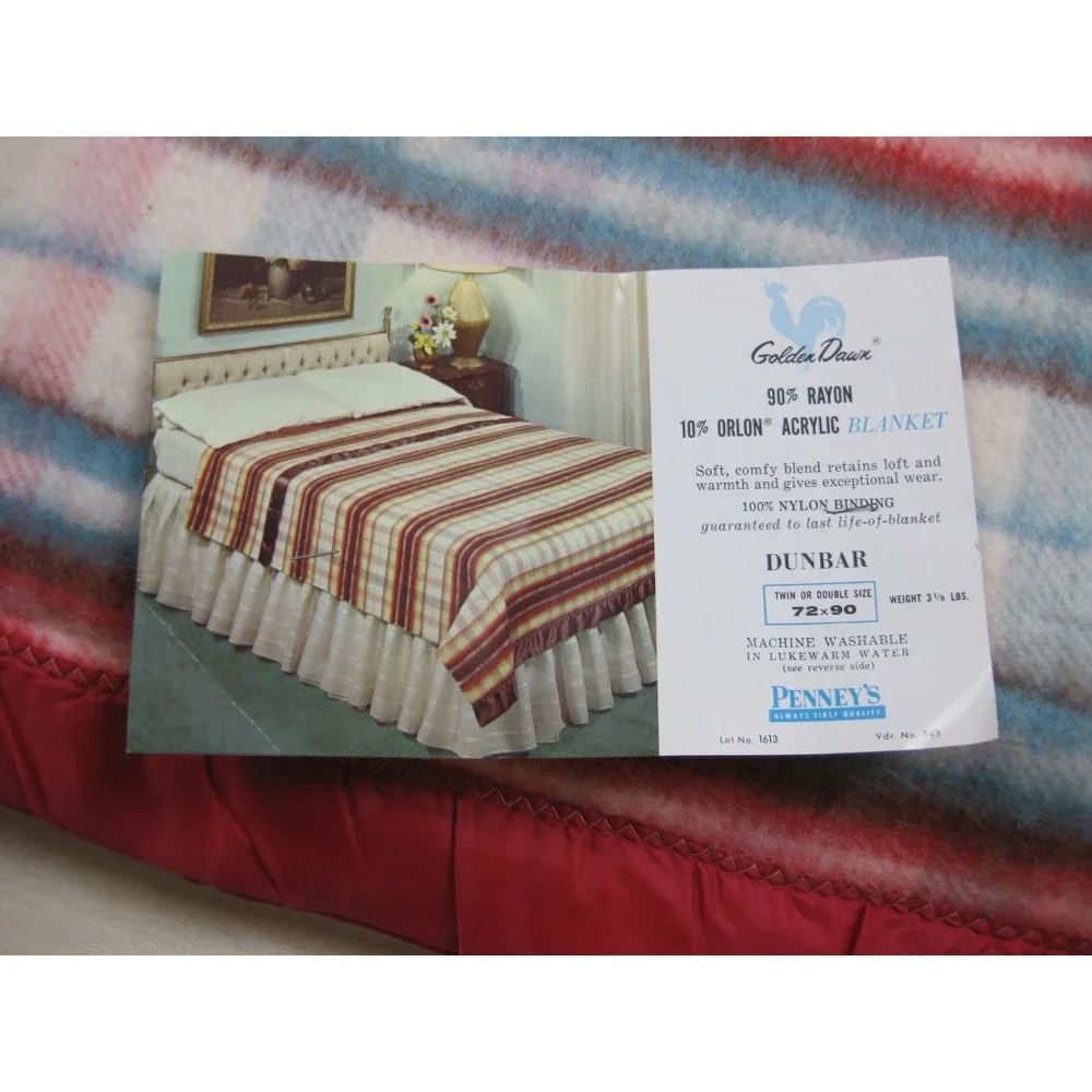 Vintage Golden Dawn JC Penney Dunbar Blanket (72x90) Plaid Stripe Satin Binding